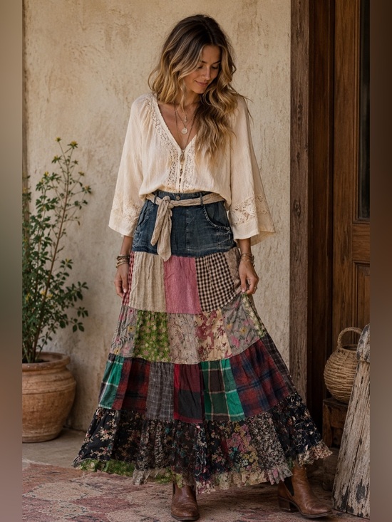 Young Threads Dresses & Skirts - Young Threads Western Boho Patchwork Belted Skirt Vintage NWT Large